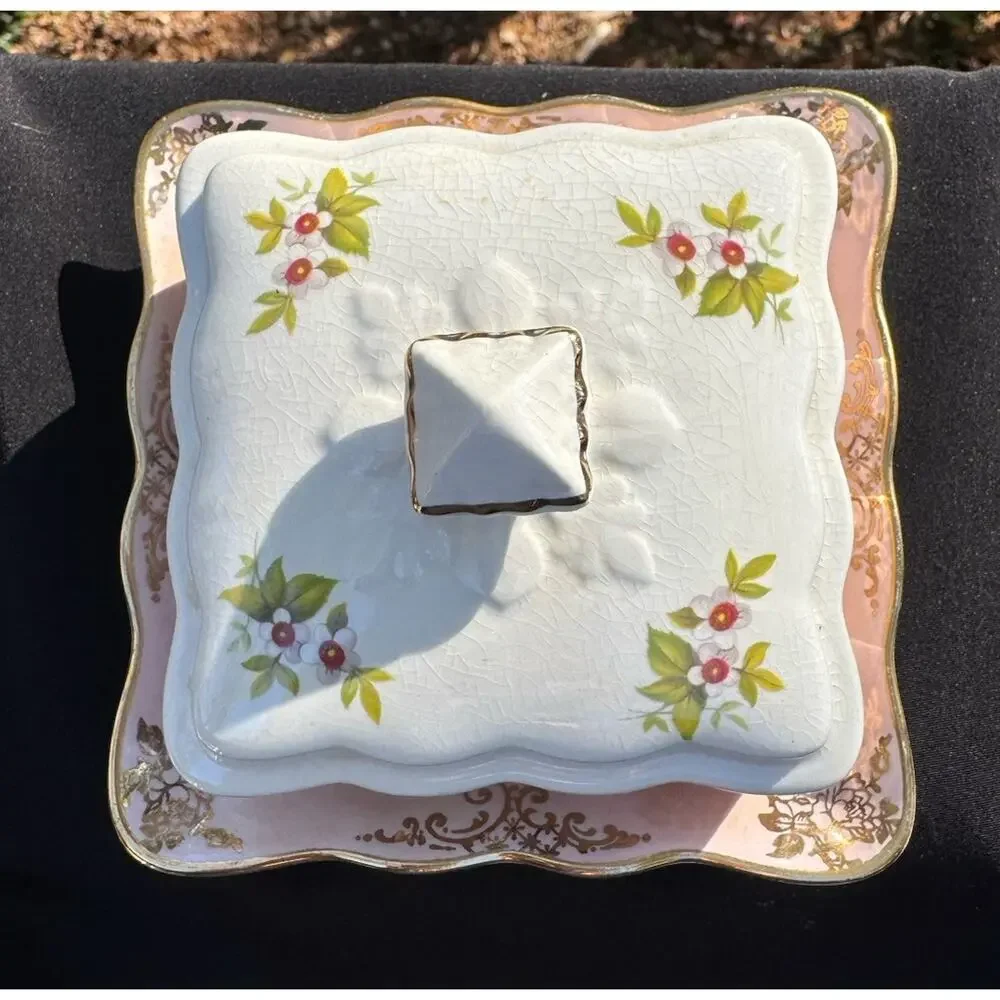 Old Foley James Kent Covered CHEESE or BUTTER DISH Floral w/ Gold Trim Square